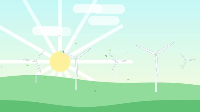 Wind turbines rotating on green hills with glowing sun and moving clouds in minimalist flat vector animation