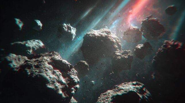 Irregularly Shaped Asteroids Floating Within a Cosmic Asteroid Belt Illuminated by Distant Nebula Light