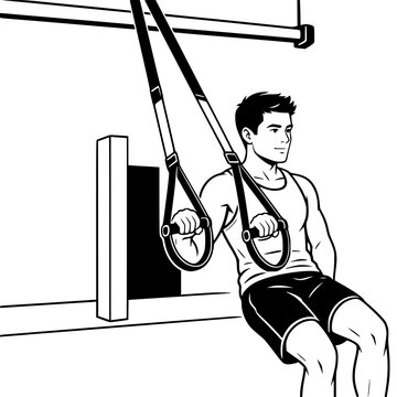Black and White Vector SVG of a young man performing TRX suspension training with hanging straps