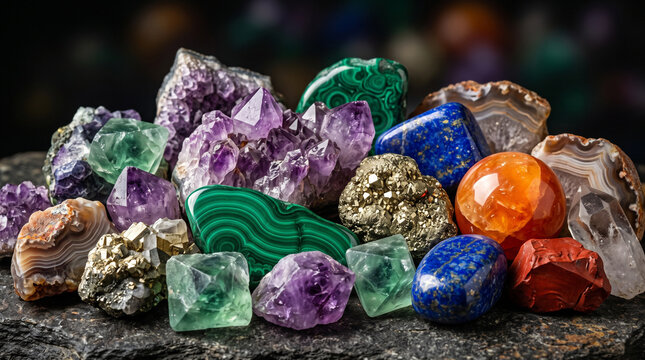 Assorted polished gemstones and minerals arranged on dark reflective surface for geological study or jewelry design