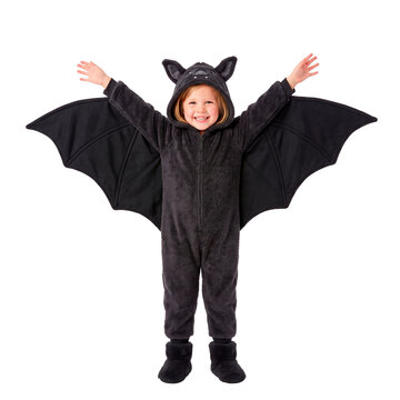 Joyful young child dressed in a fuzzy black bat costume with large wings spread wide, celebrating Halloween PNG Isolated on transparent background