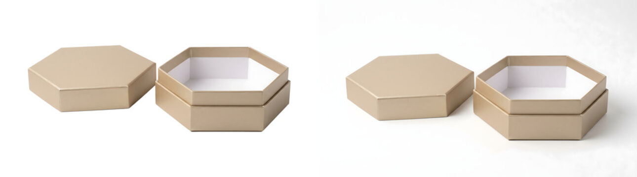 Hexagon gift box in champagne gold shown open with separate lid on a clean white background for luxury packaging mockups
