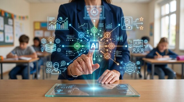 Teacher using AI technology interface in classroom to enhance modern digital education and personalized learning for students in school environment