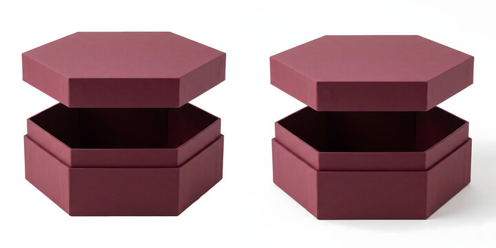 Hexagon gift box in deep burgundy red with a lid floating above the open base on a clean white background for luxury packaging mockups