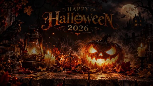 Spooky Halloween night scene with carved pumpkin lanterns and autumn leaves perfect for holiday invitations and decorations