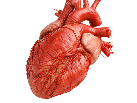 Realistic red human heart model with aorta and coronary vessels isolated on white background