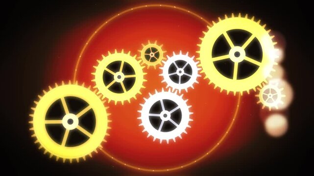 Abstract golden gears rotating in synchrony over warm glowing sun background for steampunk industrial design