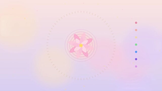 Abstract spinning flower animation with rainbow chakra energy points radiating on soft pastel gradient background
