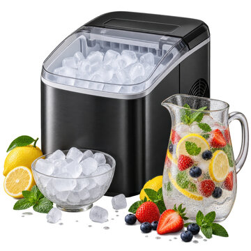  sleek ice maker filled with ice cubes, accompanied by a bowl of ice and a pitcher of fruit-infused water with strawberries, blueberries, lemon slices, and mint leaves.