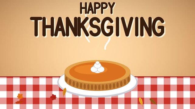 Cartoon pumpkin pie with whipped cream on a white plate sits on a red gingham tablecloth with rising steam under a Happy Thanksgiving title