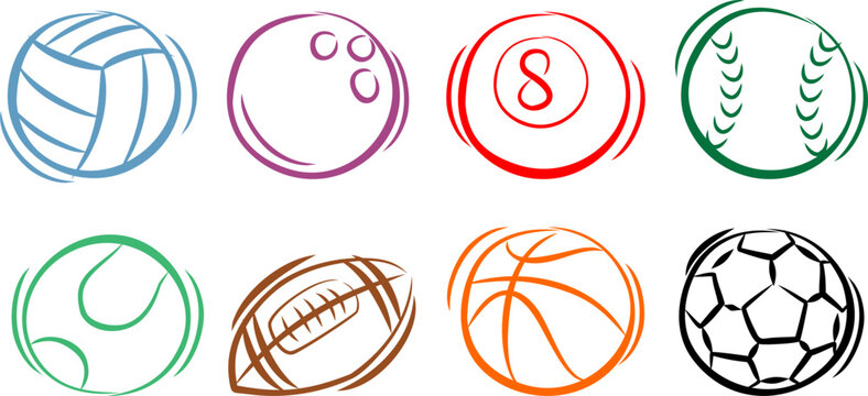 Sports Balls Icons Set. Sketch sport balls. Vector illustration