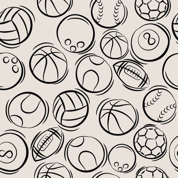 Sports Balls Seamless Pattern Background, hand drawn vector illustration