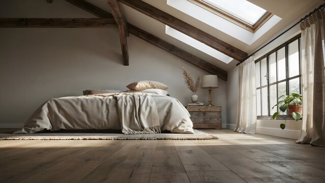 Cozy attic bedroom with exposed wooden beams and skylights