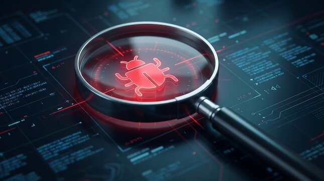 Digital magnifying glass hovering over glowing red software bug icon on complex circuit board background representing advanced cybersecurity threat analysis and system vulnerability