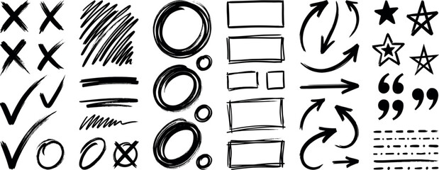 Arrow hand drawn line set. Hand drawn arrow line mark underline check brush doodle sketch highlight. Chalk marker scribble circle curve tick sign grunge blackboard background. Vector illustration © john