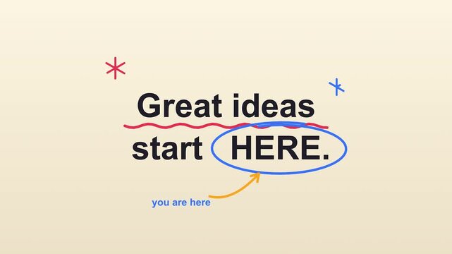 Animated text design stating great ideas start here with dynamic drawn highlights on light beige studio background