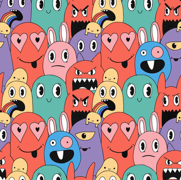Seamless Crowded Doodle Monsters Pattern Cute Colorful Characters Wallpaper