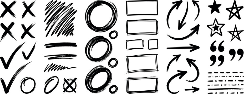 Arrow hand drawn line set. Hand drawn arrow line mark underline check brush doodle sketch highlight. Chalk marker scribble circle curve tick sign grunge blackboard background. Vector illustration