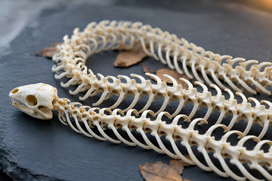 Close up of complete snake skeleton showing detailed skull and curved spine bones. Anatomical display of snake skeleton with curved spinal column and delicate ribs