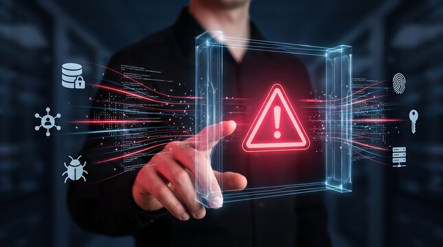 Person touching digital holographic interface displaying red alert warning icon surrounded by cybersecurity and data protection symbols in dark server room security monitoring