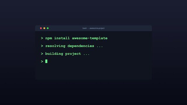 Command line interface animation showing package installation process on simulated terminal screen background