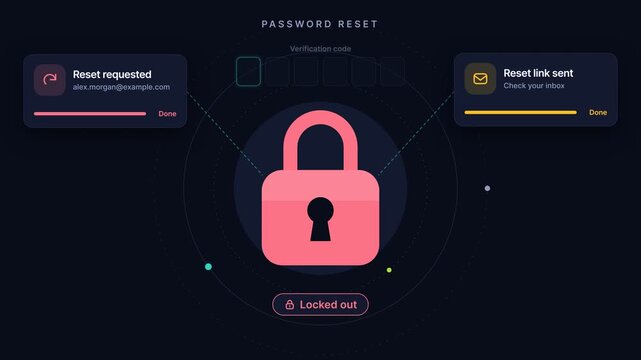 Cyber security animation showing password reset process with verification code and padlock unlocking on dark background