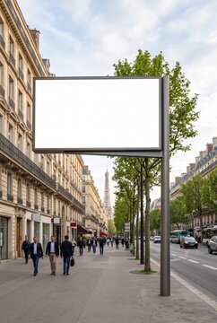 Blank horizontal advertising billboard mockup on a busy Parisian avenue sidewalk with walking pedestrians, urban traffic, and the iconic Eiffel Tower in the background.