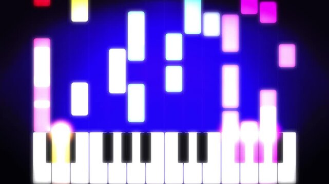 Digital piano keys with glowing colorful lights and abstract shapes on dark background