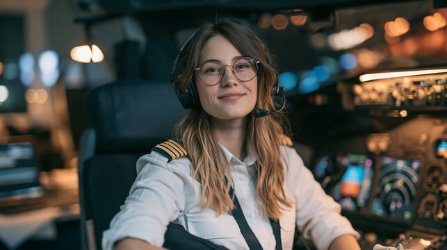 Portrait of a female trainee pilot sitting inside a flight simulator. Woman having flight training in a simulator.