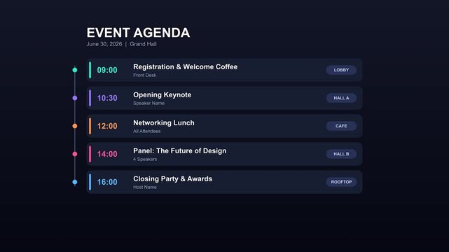 Event agenda timeline display motion graphics with schedule details and location markers on dark background