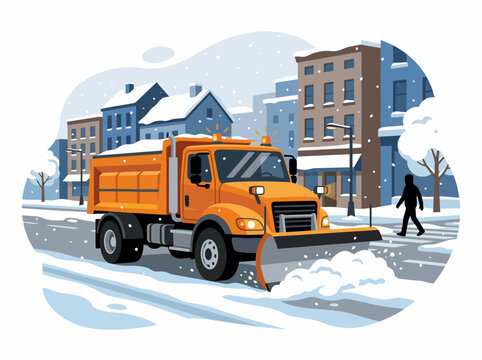 Orange Snowplow Truck Clearing Snowy City Street in Winter