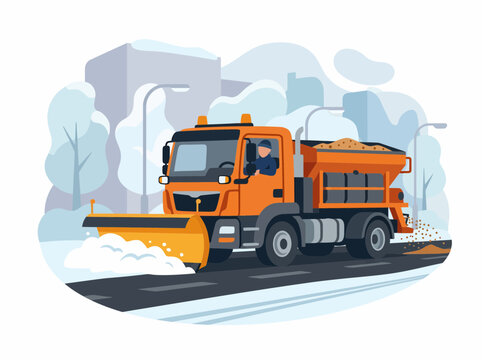 Orange Snow Plow Truck Clearing Winter City Road
