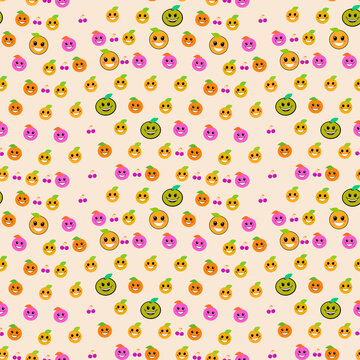 Cartoon fruits with smiley faces seamless pattern