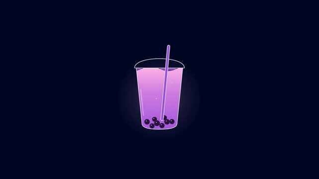 Bubble tea cup filling with purple taro liquid and boba pearls on dark background