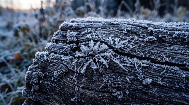Frost Crystals Covering Dark Tree Bark in Winter