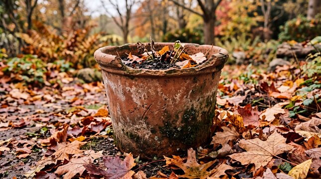 Autumn Leaves and Compost in Rustic Terracotta Garden Pot