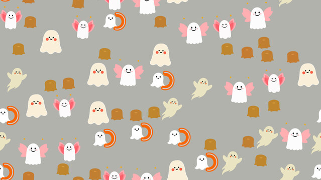 Cute ghost pattern with fairy ghosts and candy shapes