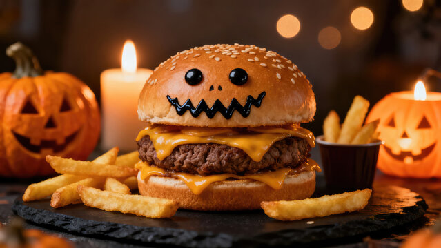 Monster burger close-up, halloween party food with spooky face decorations, pumpkins and fries nearby, blank space for writing, halloween holiday festive image design