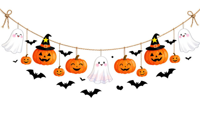 Cute halloween garland decoration with smiling ghost and pumpkin. Festive, halloween holiday festive image design