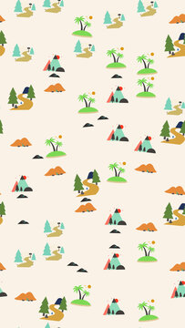 Seamless pattern of stylized landscapes with mountains and islands