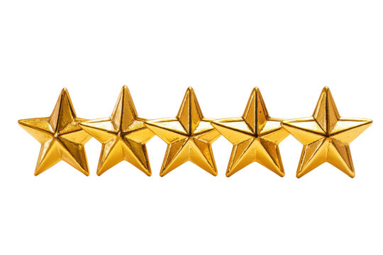 Five shiny gold stars arranged in a horizontal row on black background