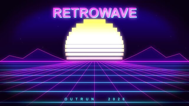 Retrowave neon sun with mountain silhouettes over glowing grid floor in cinematic outrun synthwave motion background