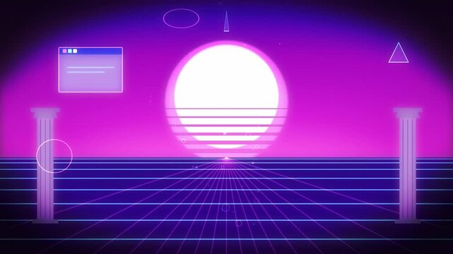 Retro synthwave landscape with glowing sun and neon grid scenery 80s futuristic digital motion loop animation
