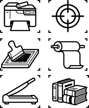 Printing industry icon set featuring printer registration marks screenprint cutter and book lineart