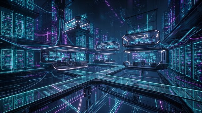 Metaverse virtual office integrated with futuristic data infrastructure, holographic dashboards and spatial computing for advanced digital business environments.