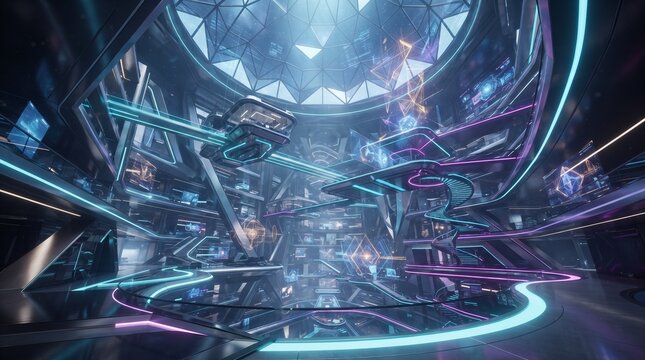 Grand futuristic metaverse headquarters with floating offices, holographic information layers and immersive spatial computing architecture.