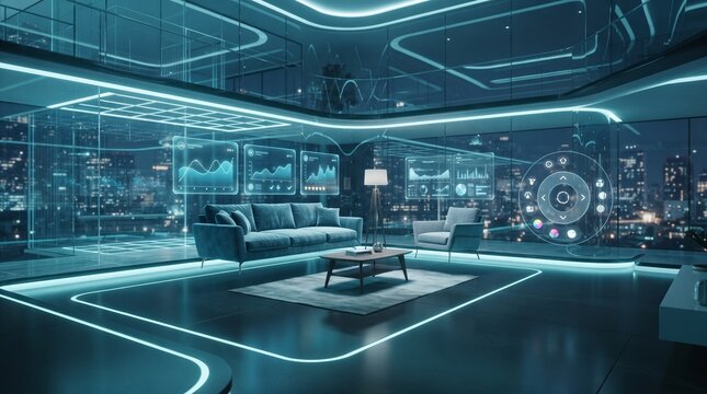 Immersive VR home shopping environment with floating furniture products, spatial controls and futuristic ecommerce technology for virtual purchasing.