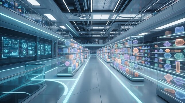 Futuristic VR supermarket with holographic shelves, immersive aisles, digital product displays and intelligent virtual shopping technology.