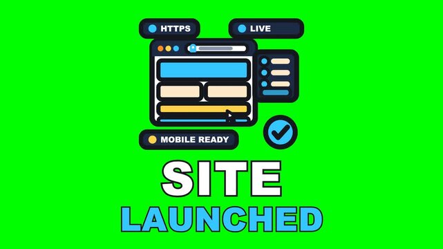 4K green screen SITE LAUNCHED animated text - the blocks drop into the layout, the build bar runs out and the window goes live, kinetic typography digital marketing and web overlay, chroma key