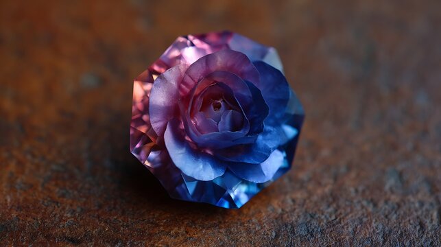 Iridescent faceted crystal rose on a rusty textured background